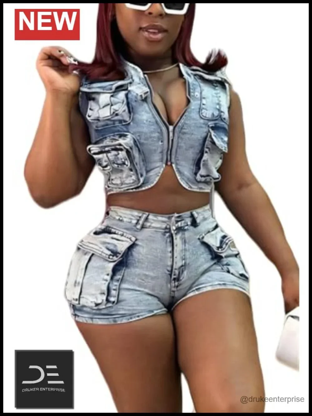 Y2K Denim Shorts Set Cargo Zip Cropped Vest 2 Piece Outfit Party Club